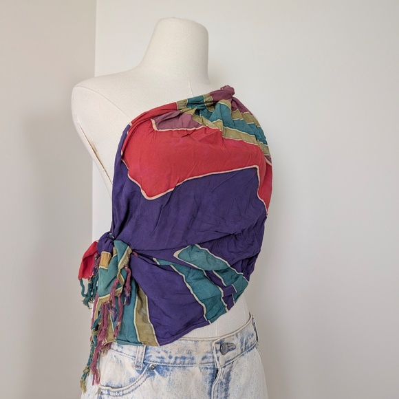 Indonesia Sarong Scarf Jewel Toned Rectangular Fringe Geometric - Picture 8 of 13